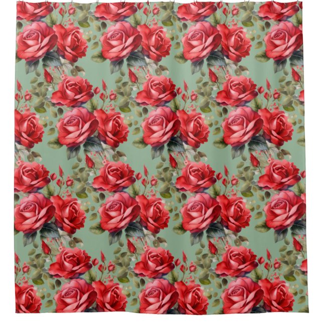 Elegant Sage Green Red Roses Shower Curtain (Front)