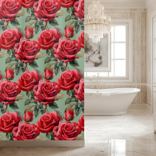 Elegant Sage Green Red Roses Shower Curtain