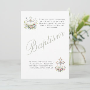 Elegant Sage Green Religious Baby Baptism Invitation