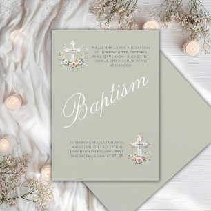 Elegant Sage Green Religious Baby Baptism Invitation