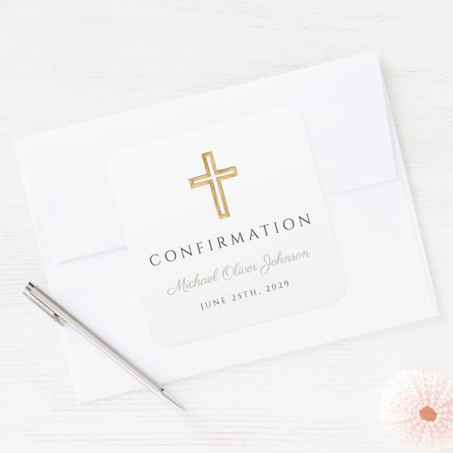 Elegant Sage Green Religious Boy Confirmation Square Sticker (Envelope)