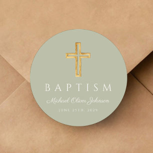 Elegant Sage Green Religious Cross Baptism Classic Round Sticker
