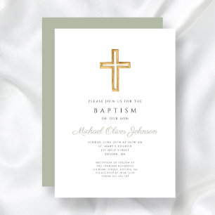 Elegant Sage Green Religious Cross Baptism Invitation
