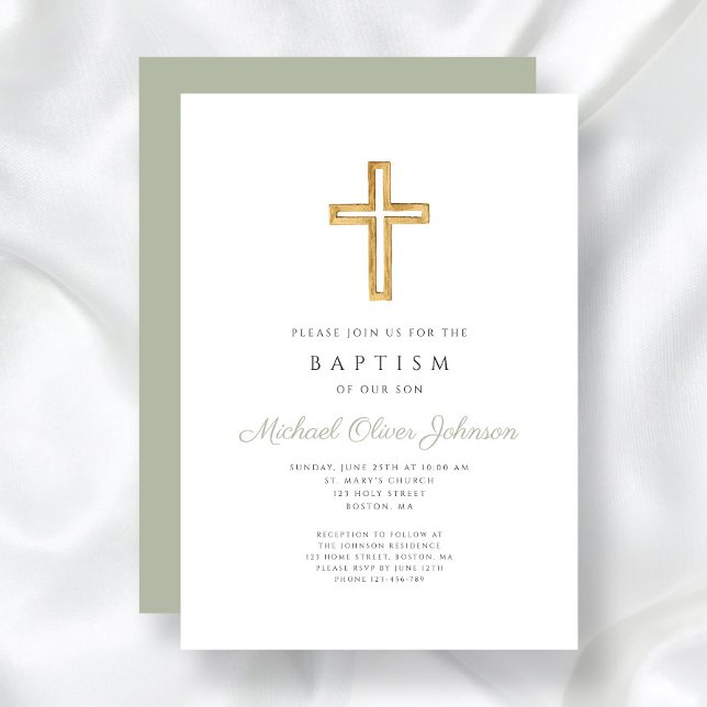 Elegant Sage Green Religious Cross Baptism Invitation (Sage Green Religious Wood Cross Baptism Invitation)