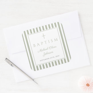 Elegant Sage Green Religious Cross Baptism Square Sticker