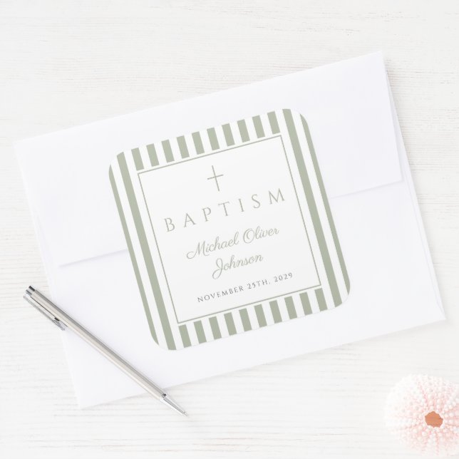 Elegant Sage Green Religious Cross Baptism Square Sticker (Envelope)
