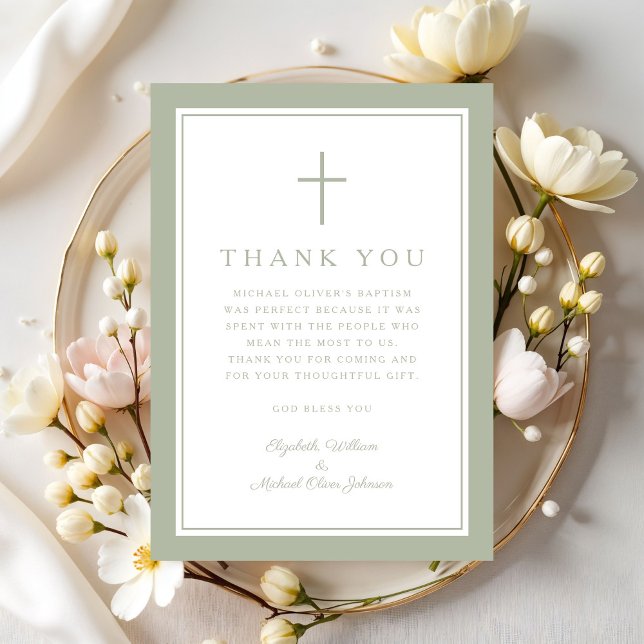 Elegant Sage Green Religious Cross Baptism Thank You Card (Elegant Sage Green Religious Cross Baptism Thank You Card)