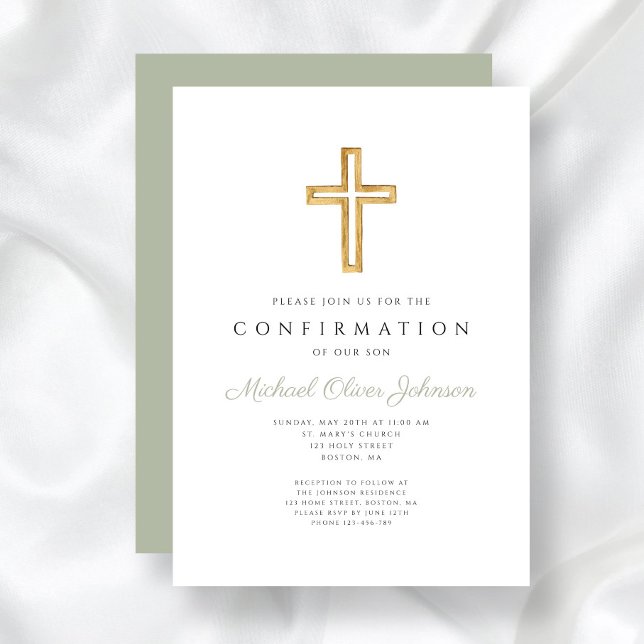 Elegant Sage Green Religious Cross Confirmation Invitation (Elegant Sage Green Religious Cross Confirmation Invitation)