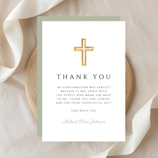 Elegant Sage Green Religious Cross Confirmation Thank You Card (Elegant Sage Green Religious Cross Confirmation Thank You Card)