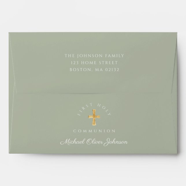 Elegant Sage Green Religious Cross First Communion Envelope (Back (Top Flap))