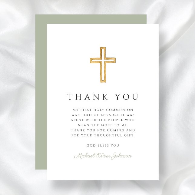 Elegant Sage Green Religious Cross First Communion Thank You Card (Elegant Sage Green Religious Cross First Communion Thank You Card)