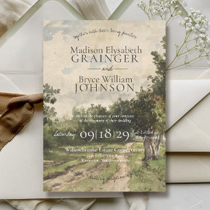 Elegant Sage Green Romantic Landscape Art Wedding Invitation