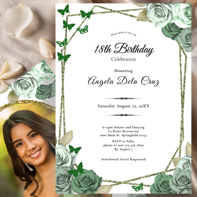 Elegant Sage Green Rose 18th Birthday Debut  Invitation (Creator Uploaded)