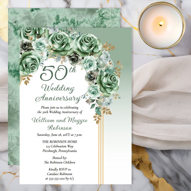 Elegant Sage Green Rose Floral 50th Anniversary Invitation (Elegant Sage Green Rose Floral 50th Anniversary Invitation - Print | Digital Download)