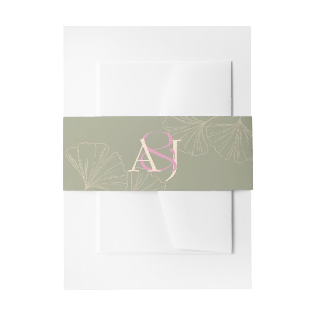 Elegant Sage Green & Rose Pink Ginkgo Wedding Invitation Belly Band (Front Example)