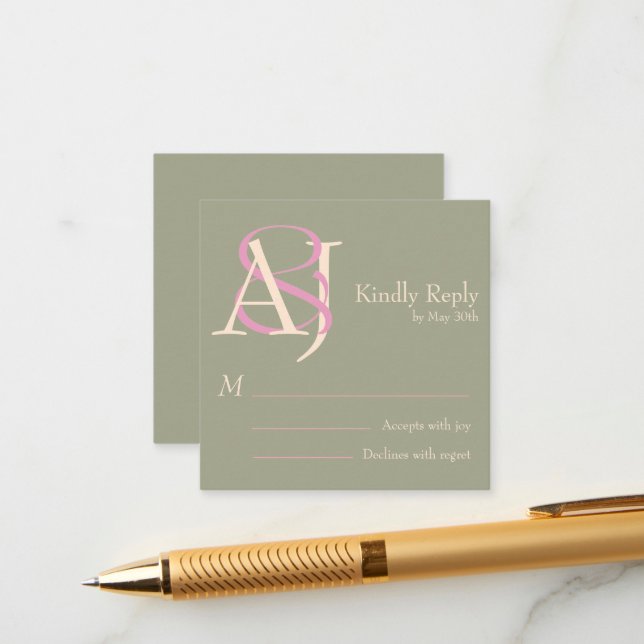 Elegant Sage Green & Rose Pink Wedding Response Enclosure Card (Front/Back In Situ)