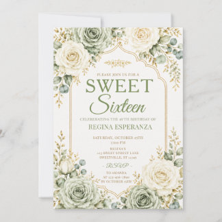 Elegant Sage Green Rose Sweet Sixteen Birthday Invitation