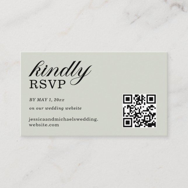 Elegant Sage Green RSVP Website QR Code Enclosure Card (Front)
