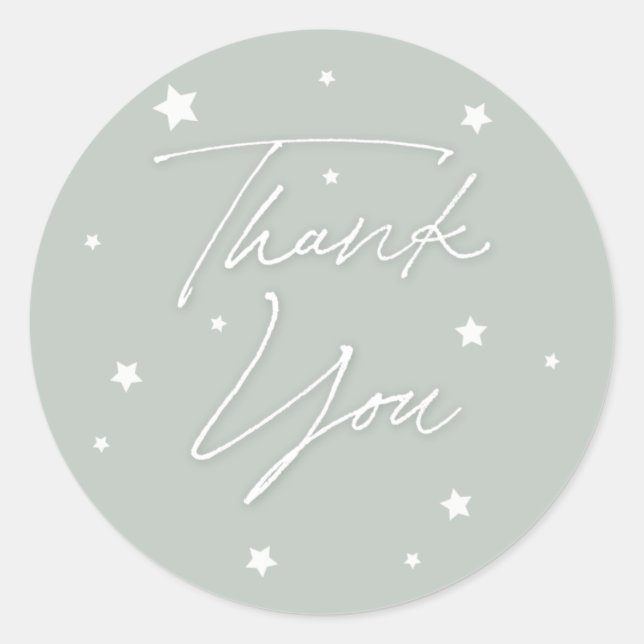 Elegant Sage Green Scattered Stars Thank You Classic Round Sticker (Front)