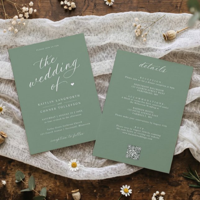 Elegant Sage Green Script All in One Wedding Invitation (Sage green wedding invitation with white script, elegant typography and heart design.)