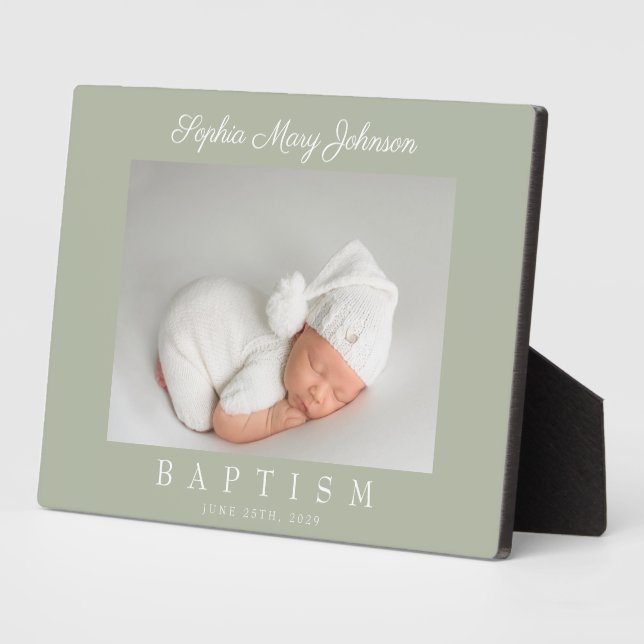 Elegant Sage Green Script Baptism Photo Plaque (Side)