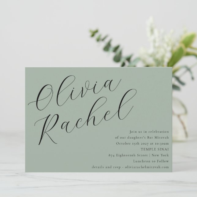 Elegant Sage Green Script Calligraphy Bat Mitzvah Invitation (Standing Front)
