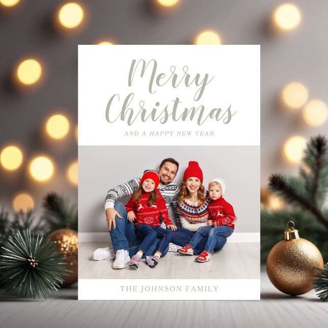 Elegant Sage Green Script Christmas Holiday Card (Elegant Green Script Christmas Photo Holiday Card)