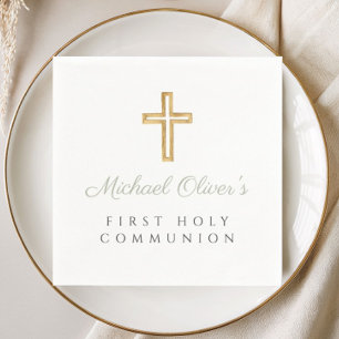 Elegant Sage Green Script Cross First Communion Napkin