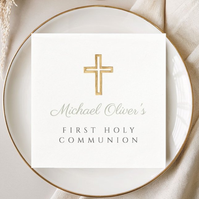 Elegant Sage Green Script Cross First Communion Napkin (Elegant Sage Green Script Cross First Communion Napkins)