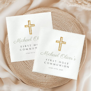 Elegant Sage Green Script Cross First Communion Napkin
