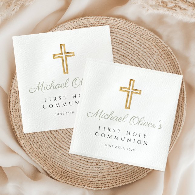 Elegant Sage Green Script Cross First Communion Napkin (Elegant Sage Green Script Cross First Communion Napkins)