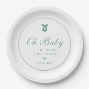 Elegant Sage Green Script Girls Oh Baby Shower  Paper Plate