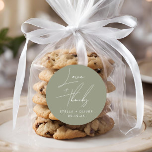 Elegant Sage Green Script Love + Thanks Wedding Classic Round Sticker