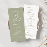 Elegant Sage Green Script Minimal Wedding Program Invitation<br><div class="desc">Our elegant sage green slim wedding program card design is perfect for your minimalist wedding celebration. A beautiful white calligraphy script font paired with simple and clean text sits on a green background to the front of the card. The white reverse has tonal green text, creating an elevated look to...</div>