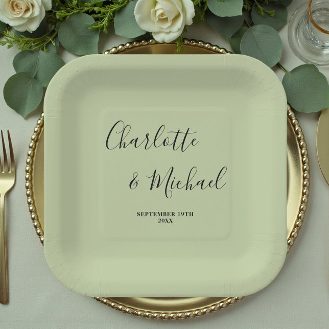 Elegant Sage Green Script Minimalist Wedding Paper Plate (Creator Uploaded)