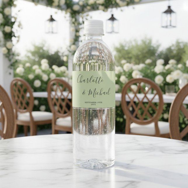 Elegant Sage Green Script Minimalist Wedding Water Bottle Label (Creator Uploaded)
