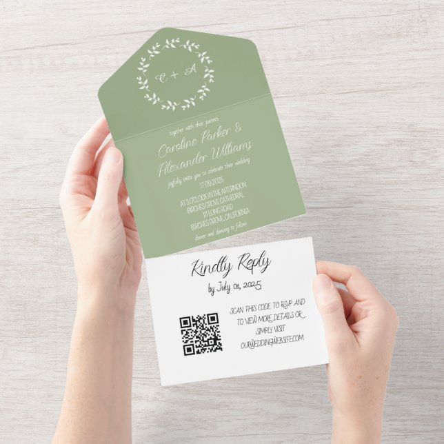 Elegant Sage Green Script Modern RSVP QR Code  All In One Invitation (Tearaway)