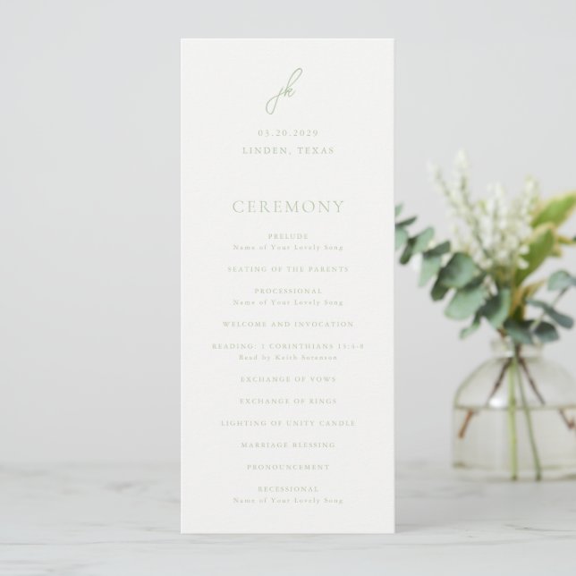 Elegant Sage Green Script Monogram Wedding Programme (Standing Front)