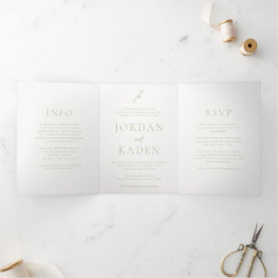 Elegant Sage Green Script Monogram Wedding Tri-Fold Invitation