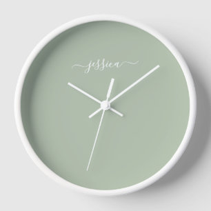 Elegant sage green script name large clock