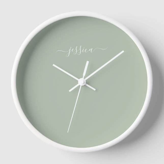 Elegant sage green script name large clock (Front)