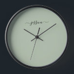 Elegant sage green script name large clock<br><div class="desc">Modern clock with a sage green background and a hand lettered black girly script name. Personalise with your name</div>