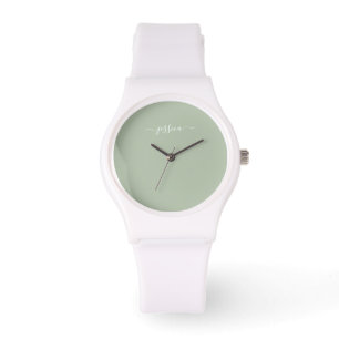 Elegant sage green script name watch
