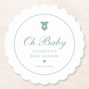Elegant Sage Green Script Oh Baby Shower Paper Coaster