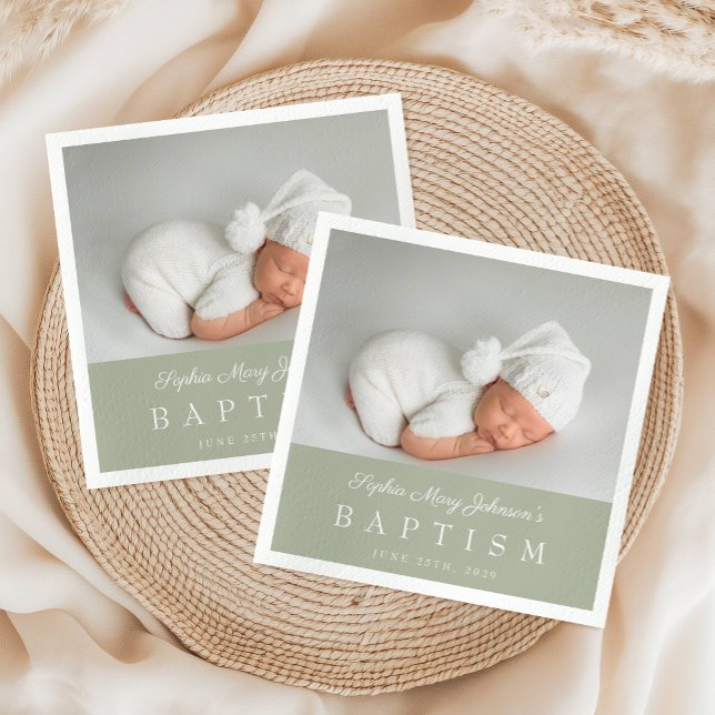 Elegant Sage Green Script Photo Baptism Napkin (Elegant Sage Green Script Photo Baptism Napkins)