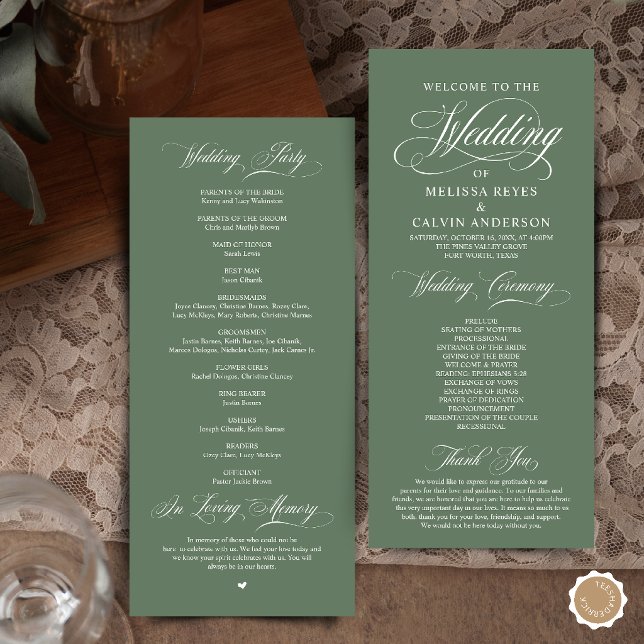 Elegant Sage Green Script Wedding Ceremony Programme (Elegant Classic Sage Green Script Wedding Ceremony Program Card)