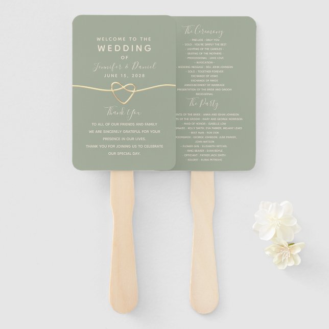 Elegant Sage Green Script Wedding Program Hand Fan (Front and Back)