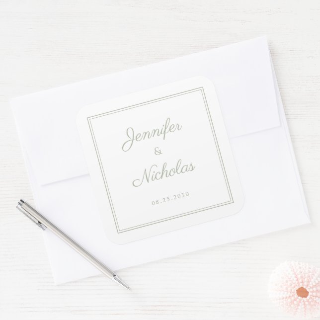 Elegant Sage Green Script Wedding Square Sticker (Envelope)