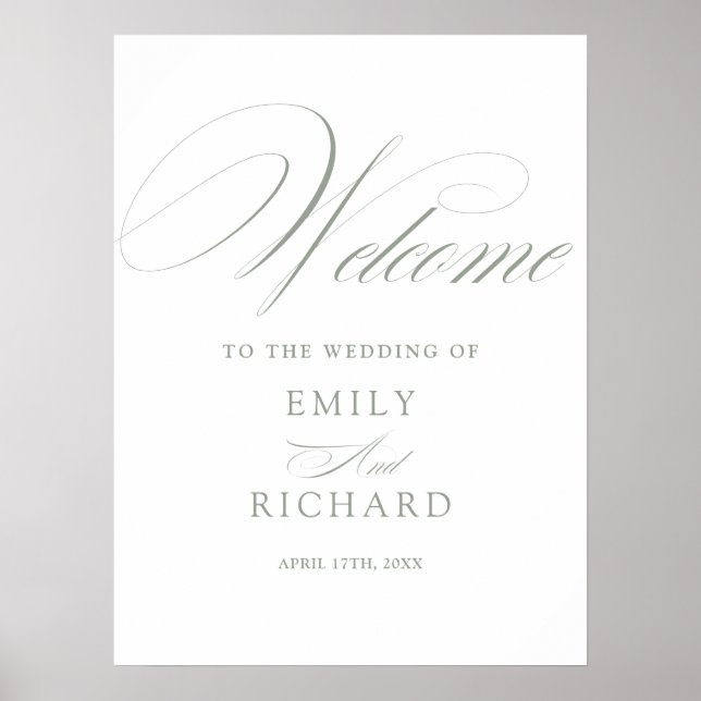 Elegant Sage Green Script Wedding Welcome Sign (Front)