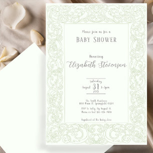 Elegant Sage Green Scrollwork Baby Shower  Invitation